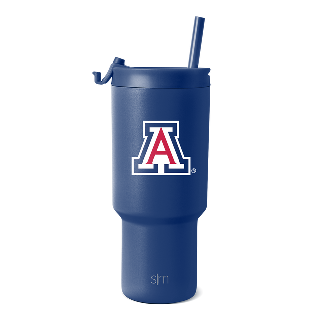 Navy blue tumbler with matching straw and University of Arizona logo in white and red accents