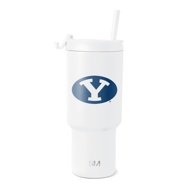 White insulated tumbler with lid and straw, cylindrical design with tapered base on white background