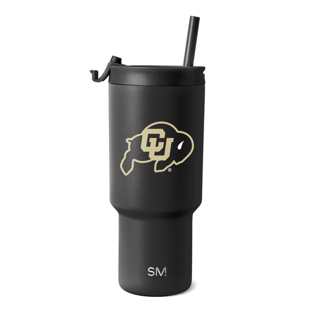 Charcoal black insulated tumbler with matte finish, cream and gold accents, modern design