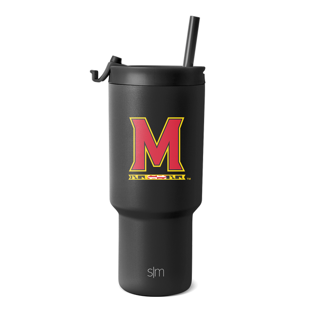 Matte charcoal black tumbler with vibrant red and yellow logo design accent