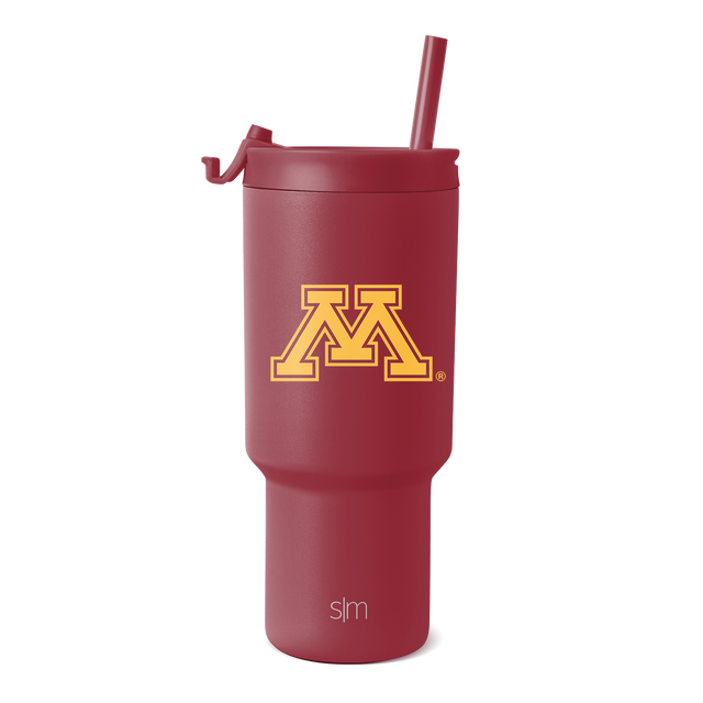 Deep maroon tumbler with matching lid and straw, featuring University of Minnesota logo