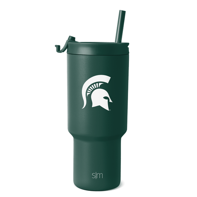 Forest green insulated tumbler with white logo and text branding