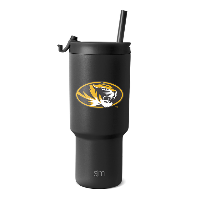 Matte black tumbler with gold and white university logo design, featuring a sleek modern aesthetic with accent colors on the exterior