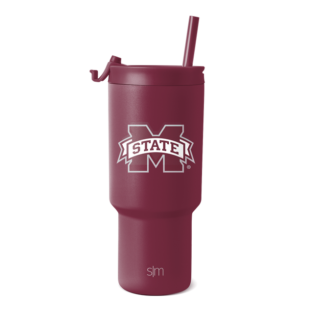Deep burgundy tumbler with white logo and branding accents