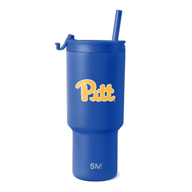 Royal blue tumbler with yellow and gold Pittsburgh logo and white text