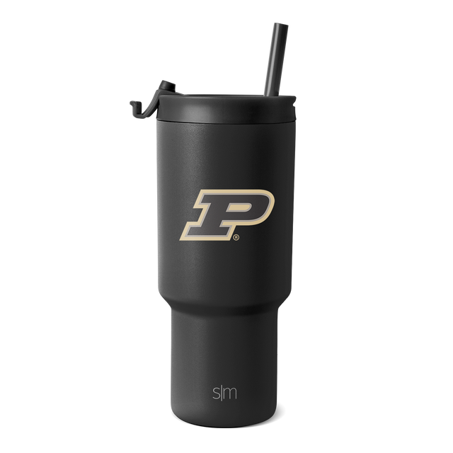 Black and charcoal gray tumbler with metallic gold logo accent, sleek modern design