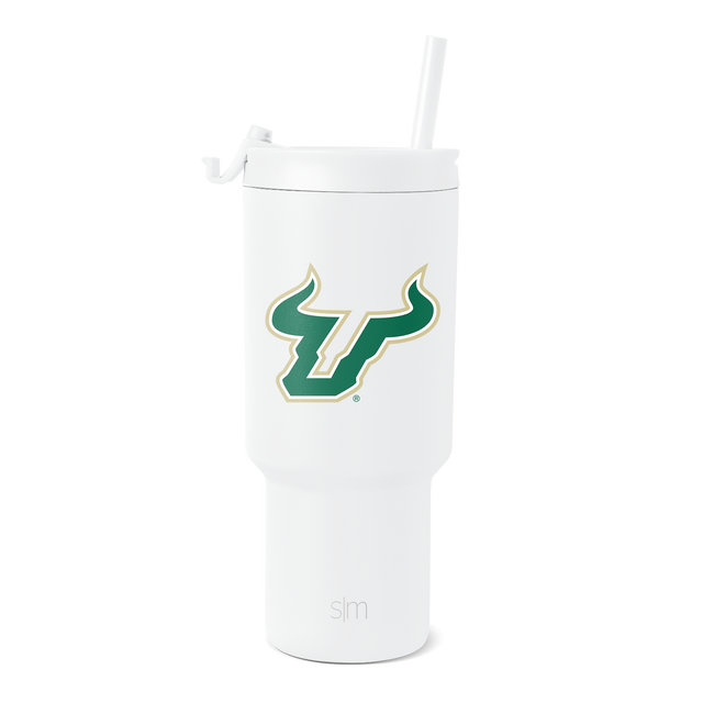 White insulated tumbler with cylindrical design, powder-coated finish, and matching white slider lid on neutral background.
