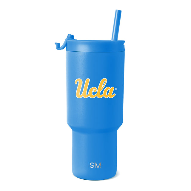 Blue insulated tumbler with tapered design, UCLA branding, on white background