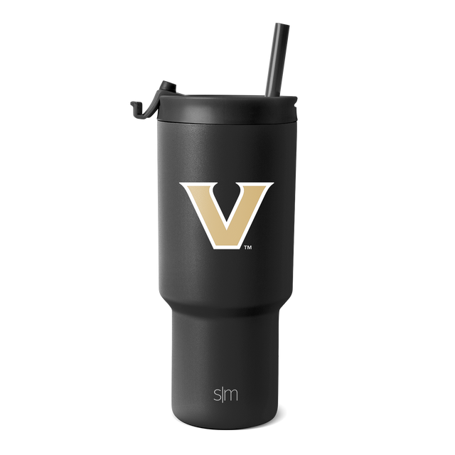 Matte black tumbler with tan and white logo branding on front