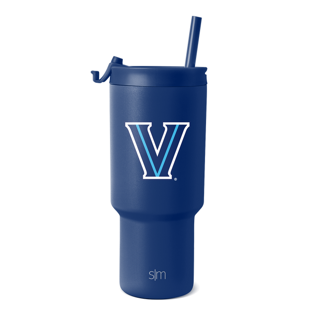 Deep navy blue insulated tumbler with periwinkle striped logo design, white lid and handle