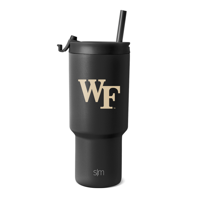 Matte black tumbler with cream-colored logo and branding text