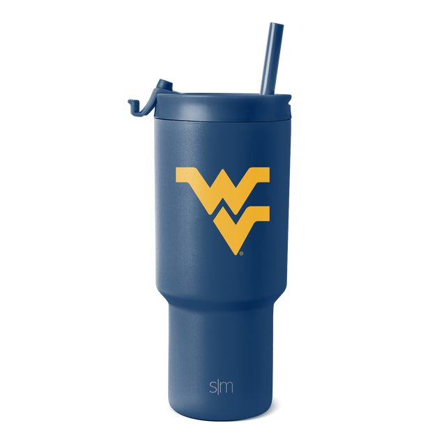 Navy blue insulated tumbler with tapered cylindrical body on white background