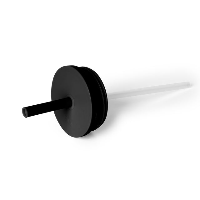 Matte black tracker lid with white translucent straw, simple modern design against white background