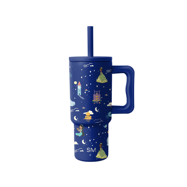 Navy blue tumbler with whimsical pastel illustrations in sage green, pale yellow, light blue, and cream colors