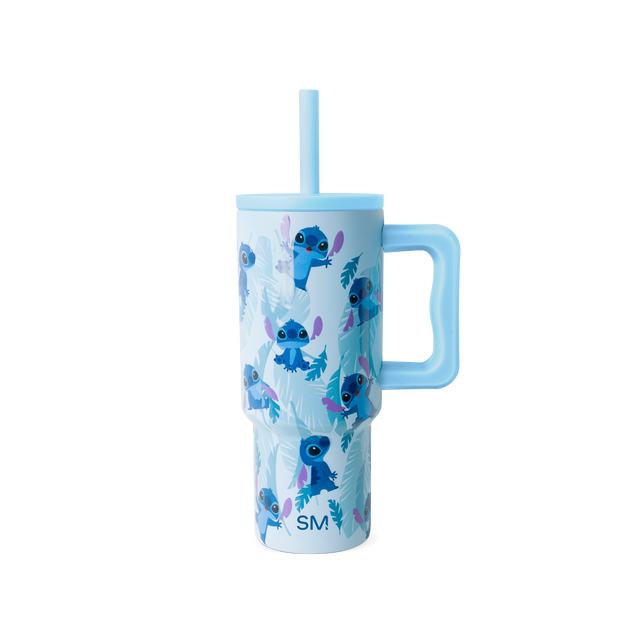Light periwinkle blue tumbler with sky blue handle, straw, and lid accents, featuring deep cobalt blue characters
