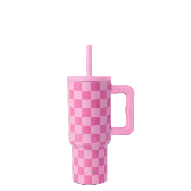 Pink checkerboard tumbler with alternating hot pink and pale pink squares in a vibrant geometric pattern covering the entire surface.
