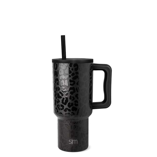 Matte black insulated tumbler with gray leopard print pattern on white background