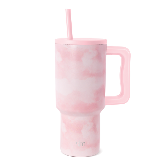 Pale pink tumbler with dusty pink and mauve watercolor tie-dye pattern on white background