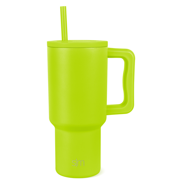 Bright lime green chartreuse tumbler with electric yellow-green color, full-body coverage, highly saturated and eye-catching design