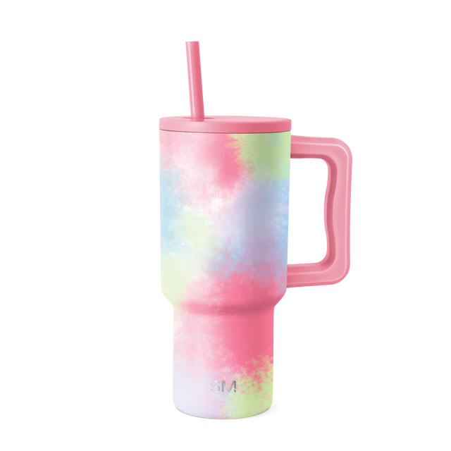 Pastel tie-dye tumbler with soft pink, light blue, and pale yellow-green watercolor design, solid hot pink lid and handle.