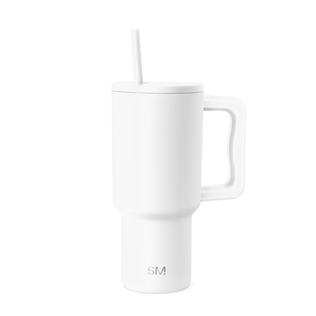 White insulated tumbler with lid and handle, shown against neutral background