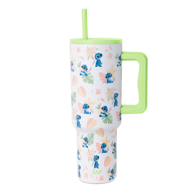White insulated drink tumbler with lime green lid, handle, and straw, featuring a subtle decorative pattern and soft finish design.