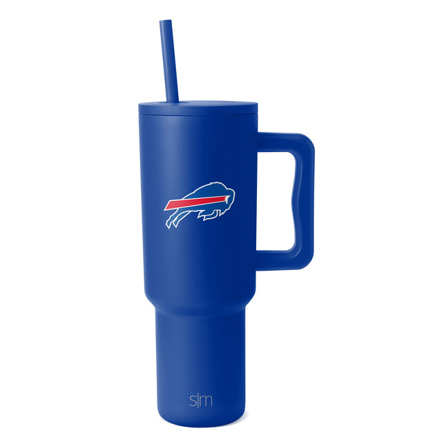 Royal blue insulated tumbler with white handle and logo accents, red secondary design details