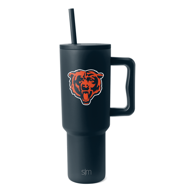 Dark charcoal gray tumbler with orange and red bear head logo accented in white outline