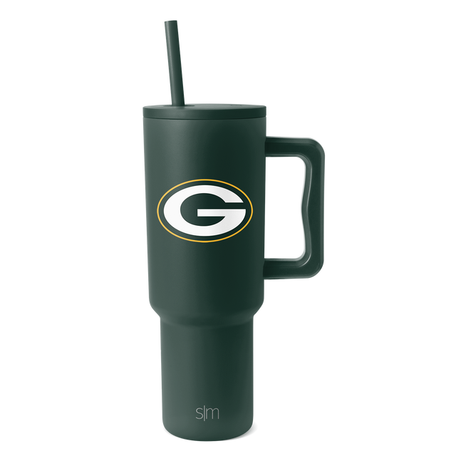 Forest green insulated tumbler with white and gold accents, displayed against white background