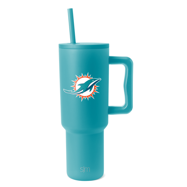 Turquoise teal tumbler with white, orange, and dark teal logo design accents