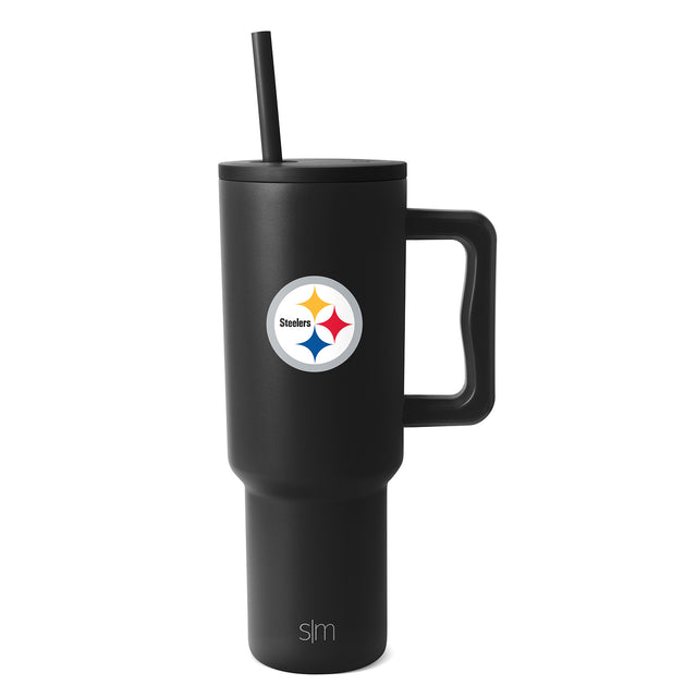 Black matte tumbler with Pittsburgh Steelers logo featuring white, gold, red, and blue colors.