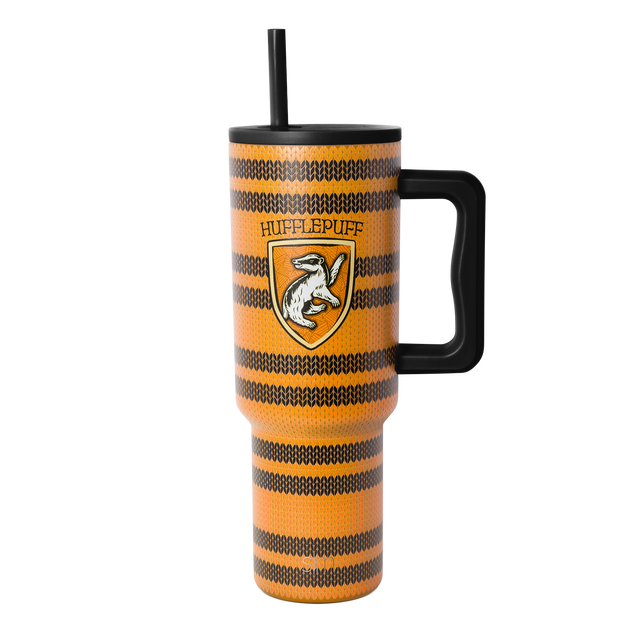 Golden orange and charcoal gray horizontally striped tumbler with black handle, lid, and straw.