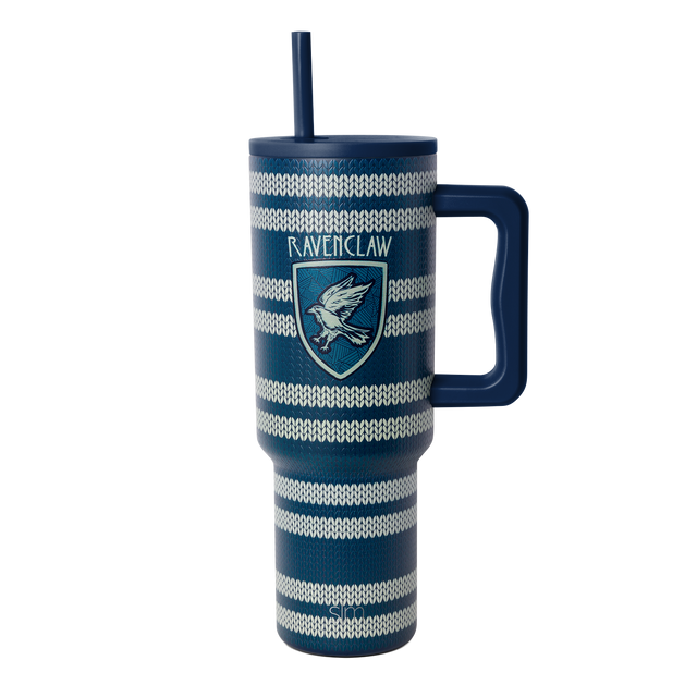 Deep navy blue insulated tumbler with cream horizontal knit-pattern stripes and matching navy handle, 40 oz capacity