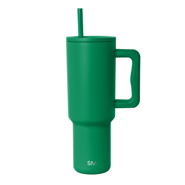 Forest green tumbler with handle, 40 oz capacity, shown against white background