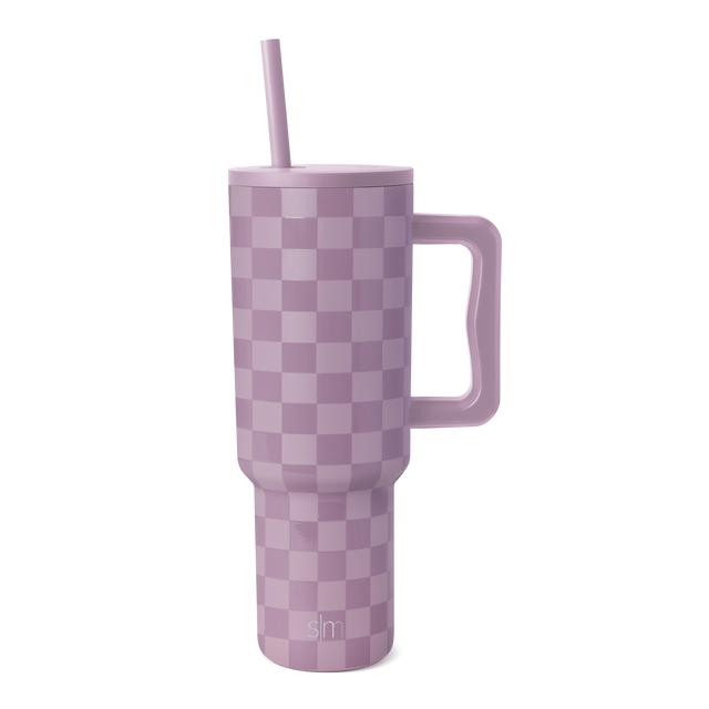 Dusty mauve tumbler with subtle checkered pattern in alternating lighter and darker shades of purple-pink