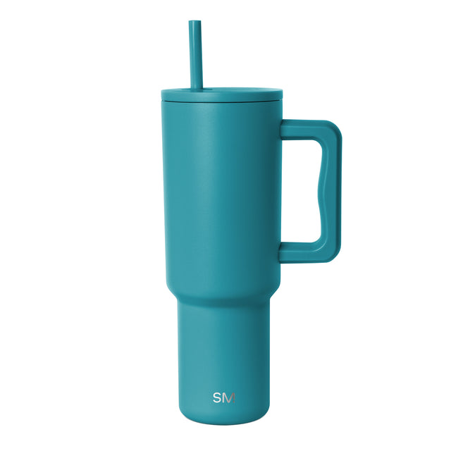 Teal turquoise drinkware with white branding text on clean white background
