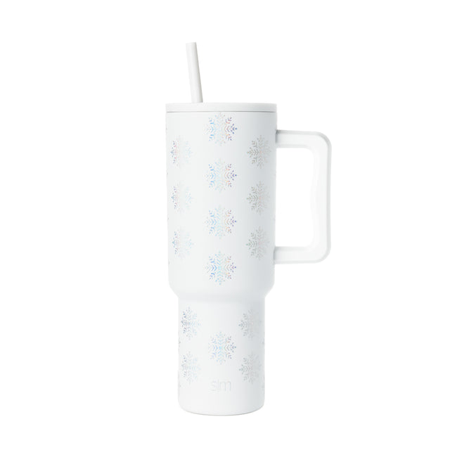 White tumbler with pale blue and light gray frosted repeating pattern design