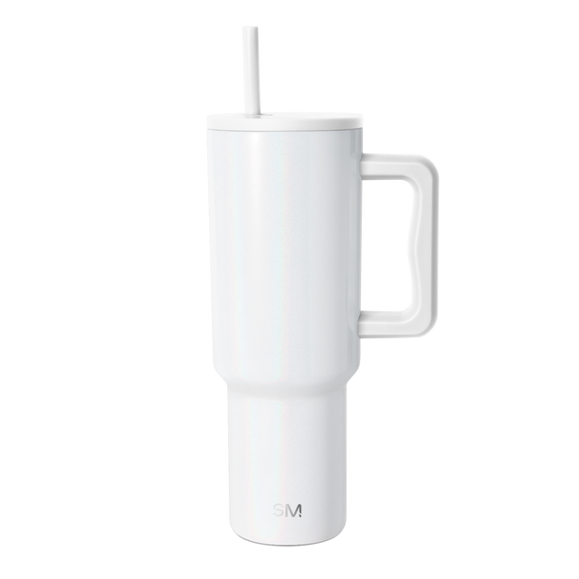 White cylindrical insulated tumbler with handle, featuring a clean contemporary design in a tall shape.
