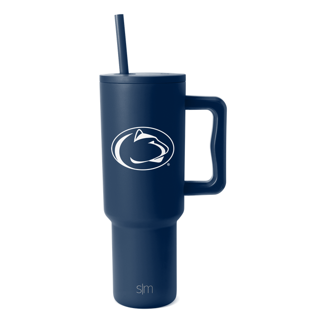 Deep navy blue insulated tumbler with matching straw and integrated handle, white accent details, and lid.
