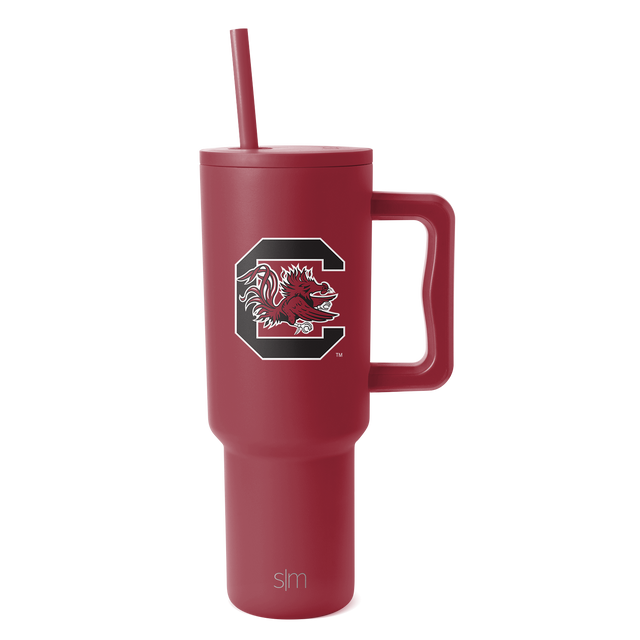 Burgundy tumbler with handle and matching lid, featuring a rich maroon-red wine-toned color across the cylindrical body and all components.