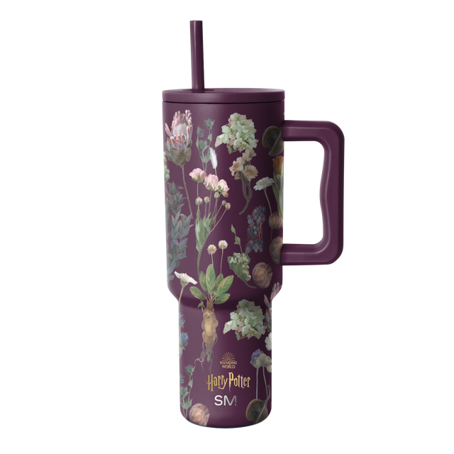 Purple tumbler with botanical illustration pattern featuring cream, pale pink, soft green, and muted gold accents