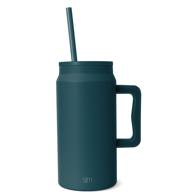 Deep teal cylindrical tumbler with matching handle, lid, and straw against a clean white background.