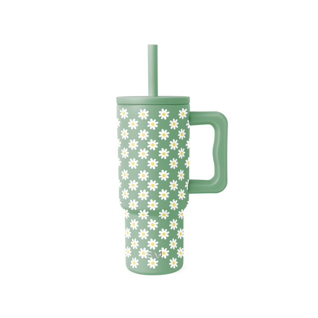 Soft sage green tumbler with white daisy flowers and pale yellow centers repeated across the surface