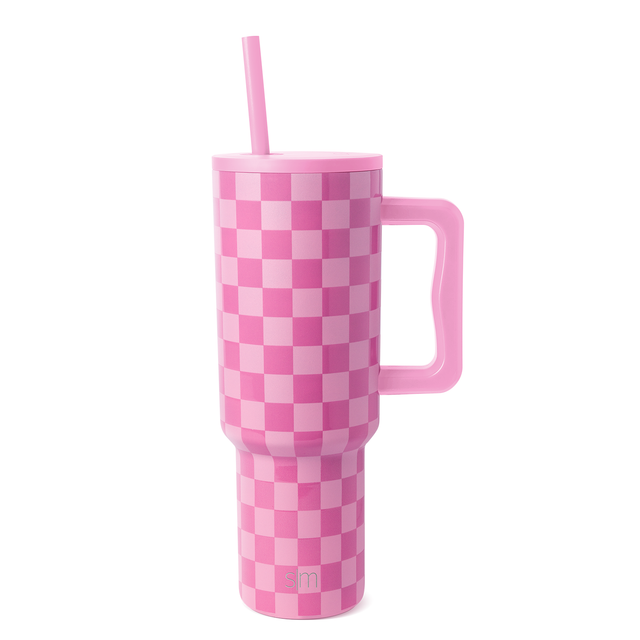 Checkerboard pattern with alternating hot pink and light pink squares in a geometric design