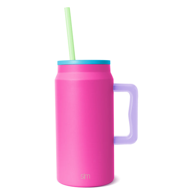 Insulated drinkware with hot pink body, cyan blue lid, and lavender handle