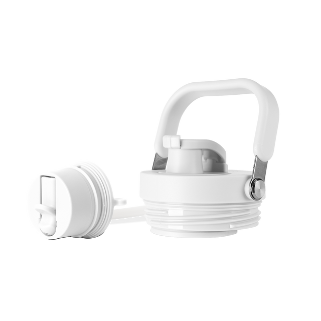 White plastic product lid with gray accents and silver metallic hardware against a light background
