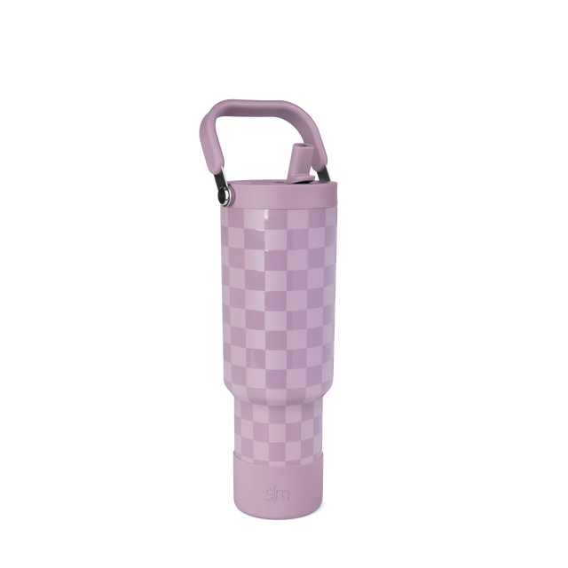 Dusty purple and lavender checkerboard patterned product with handle, soft muted mauve tones and pale pink accents throughout.
