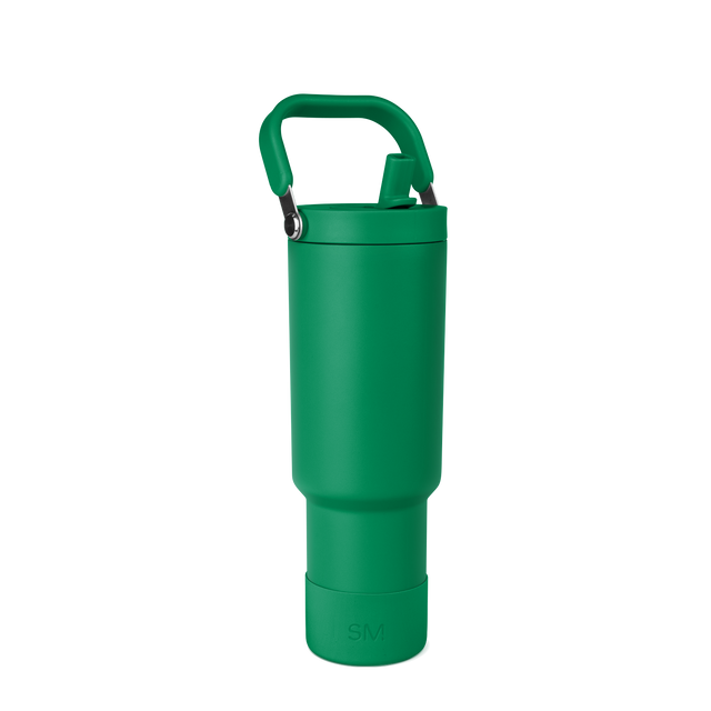 Kelly green water bottle with tapered design, wider upper chamber, narrow base, and matching green carrying handle