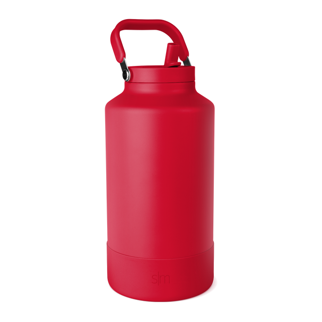 Vibrant red-pink water bottle with black accents, front view