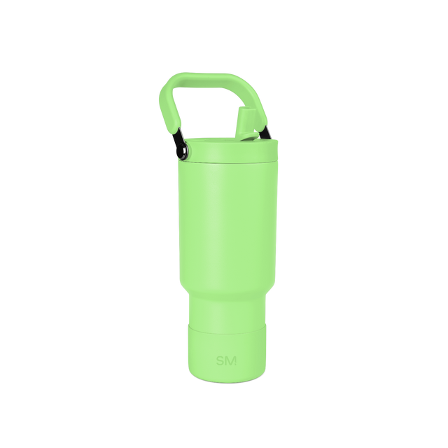 Bright lime green water bottle with white accents and text detailing on a white background